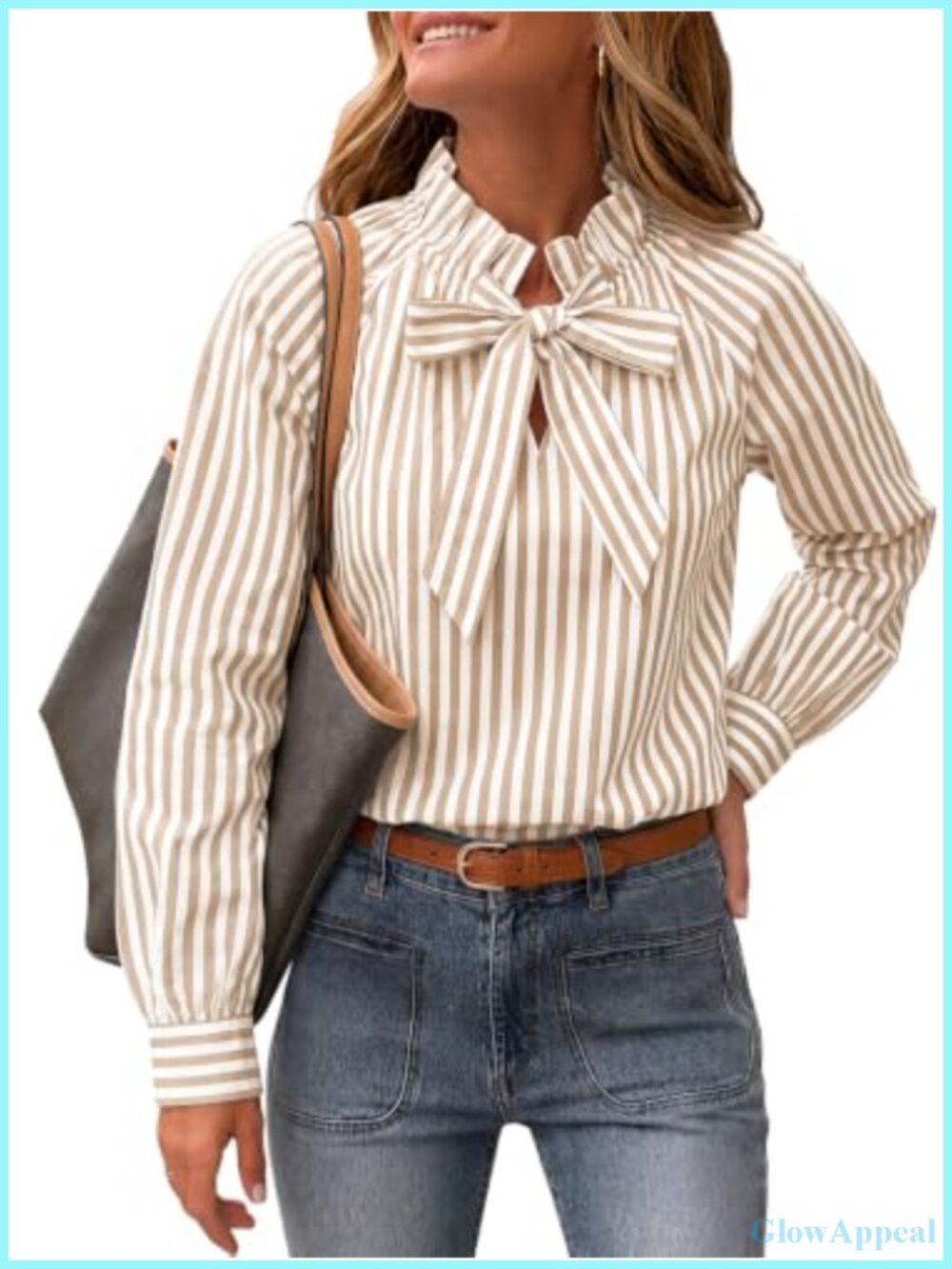 Women's Striped Bow Tie Blouse Cotton Long Sleeve Puff Ruffle Top